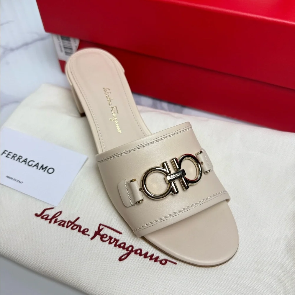 Salvatore Ferragamo‎ Rhodes Bone Calf Leather Slide Mule Heels 4cm Italy 6.5C